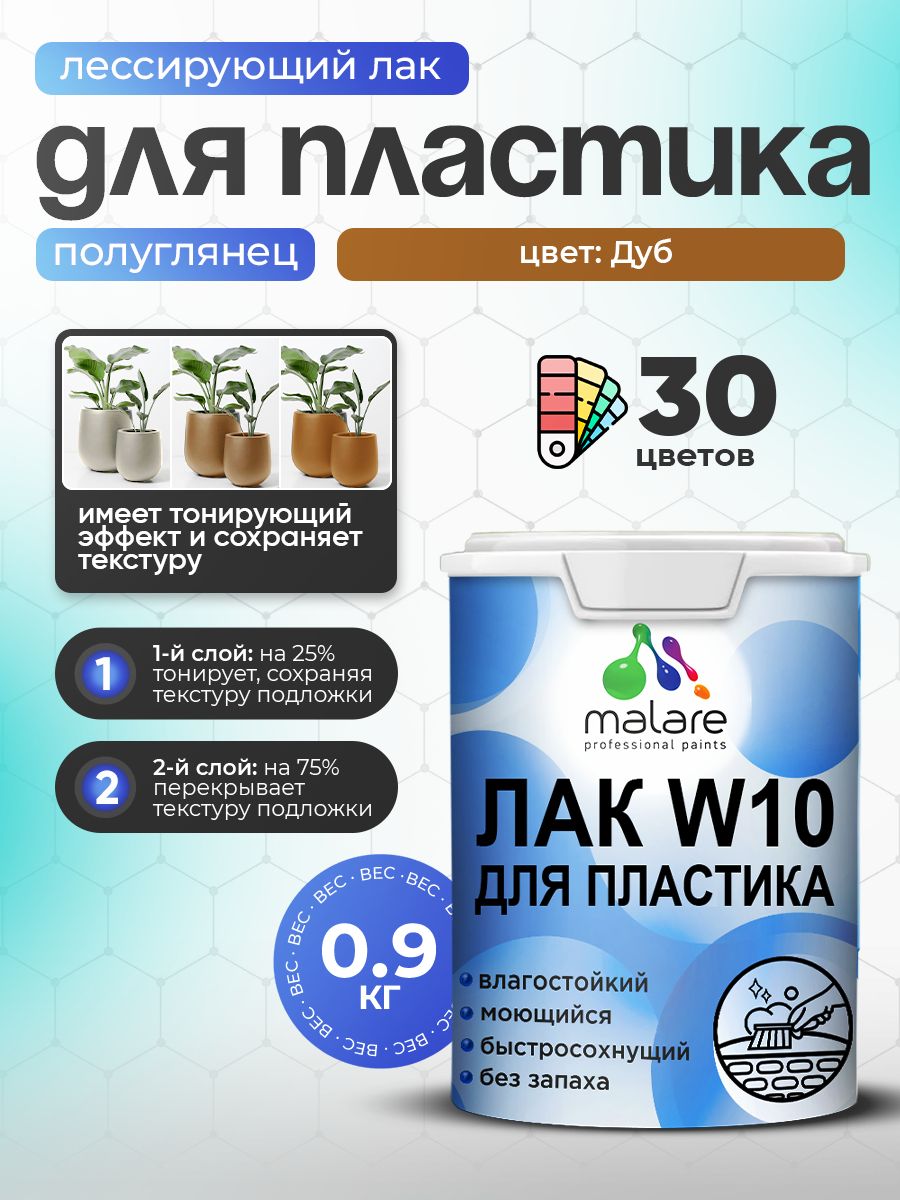 Лак колерованный тонирующий для защиты пластика Malare W10 акриловый моющийся быстросохнущий, полуглянцевый, дуб, 0.9 кг.