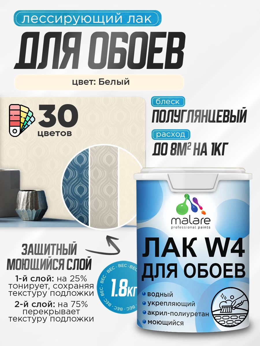 Лак колерованный тонирующий для защиты обоев Malare W4 универсальный для дерева и минеральных поверхностей, водный без запаха быстросохнущий, полуглянцевый, белый, 1.8 кг.