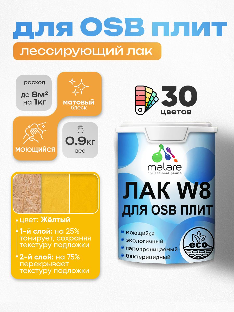 Лак колерованный тонирующий для защиты ОСБ плит Malare W8 для дерева и минеральных поверхностей, паропроницаемый водный без запаха, матовый, желтый, 0.9 кг.