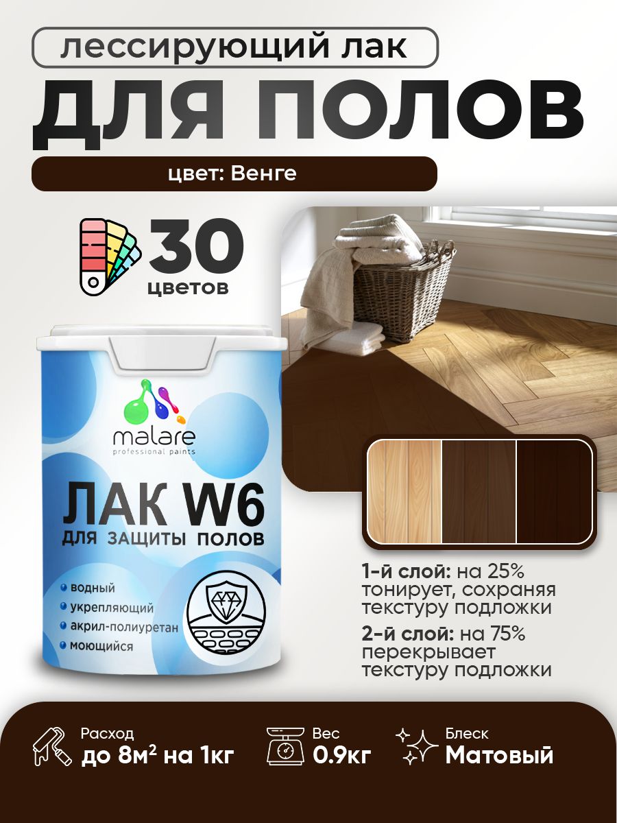 Лак колерованный тонирующий для защиты пола Malare W6 для паркета и ламината, для дерева и минеральных поверхностей, водный без запаха быстросохнущий, матовый, венге, 0.9 кг.