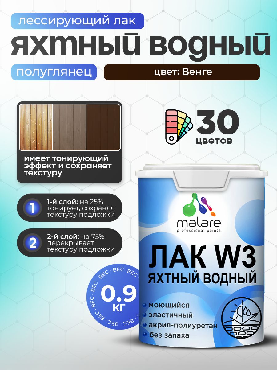 Лак колерованный тонирующий яхтный Malare W3 для деревянных и минеральных поверхностей, водный без запаха быстросохнущий, полуглянцевый, венге, 0.9 кг.