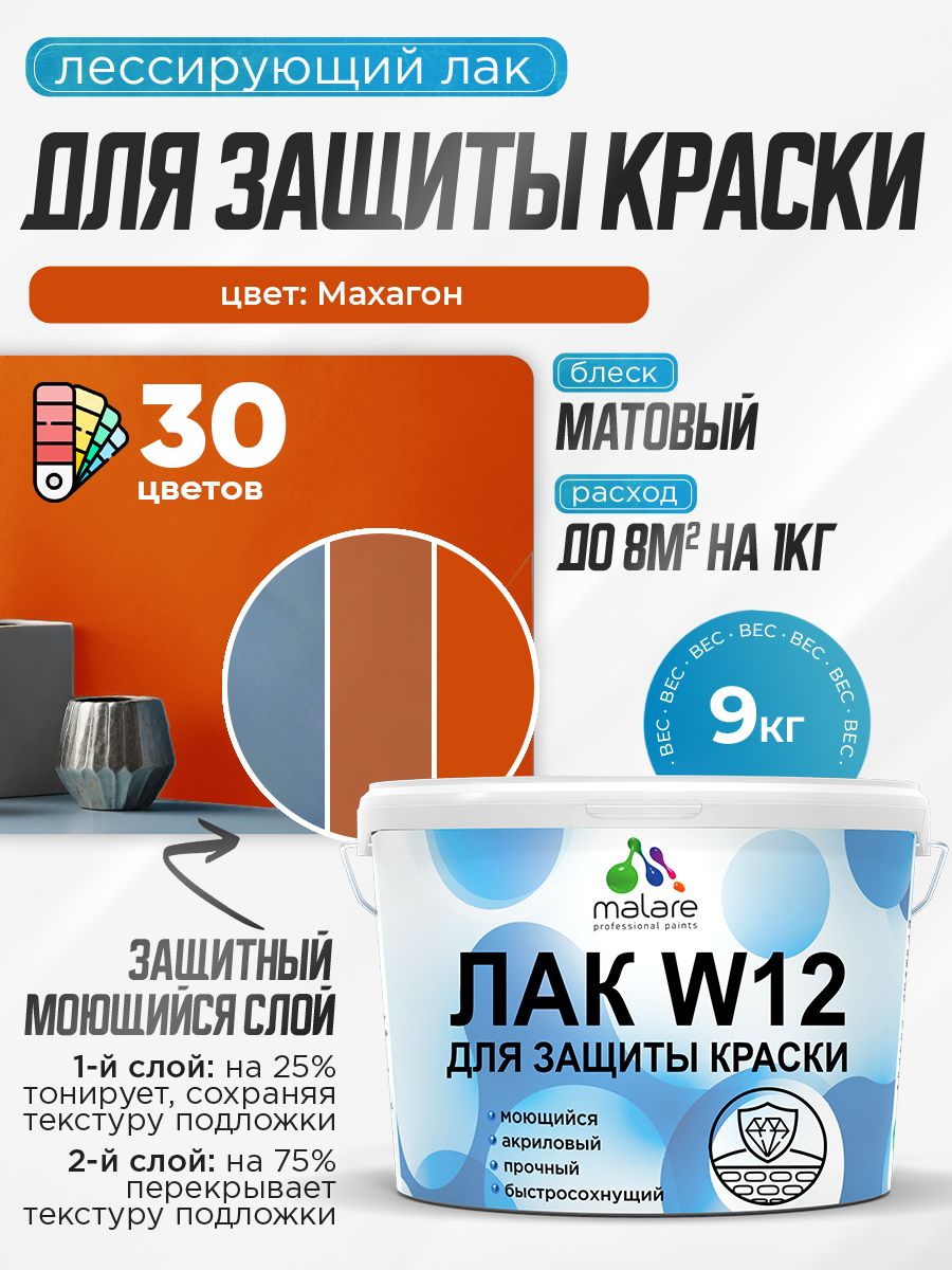 Лак колерованный тонирующий для защиты акриловых красок Malare W12 моющийся универсальный быстросохнущий экологичный, матовый, махагон, 9 кг.