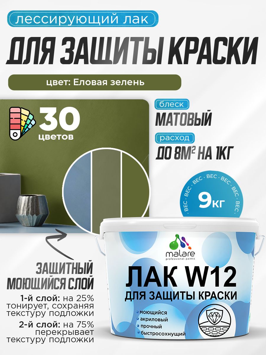 Лак колерованный тонирующий для защиты акриловых красок Malare W12 моющийся универсальный быстросохнущий экологичный, матовый, еловая зелень, 9 кг.