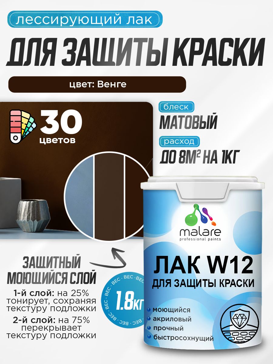 Лак колерованный тонирующий для защиты акриловых красок Malare W12 моющийся универсальный быстросохнущий экологичный, матовый, венге, 1.8 кг.