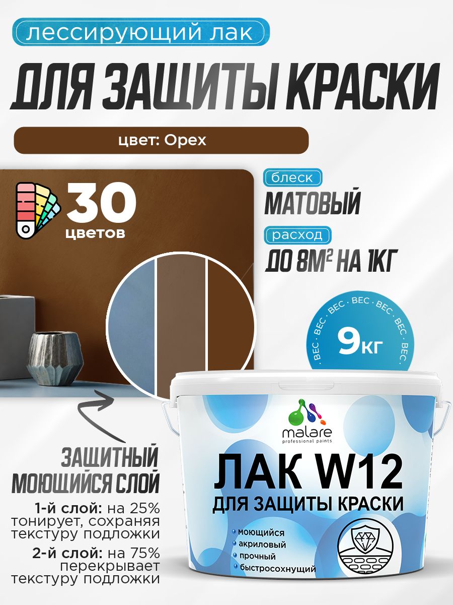 Лак колерованный тонирующий для защиты акриловых красок Malare W12 моющийся универсальный быстросохнущий экологичный, матовый, орех, 9 кг.