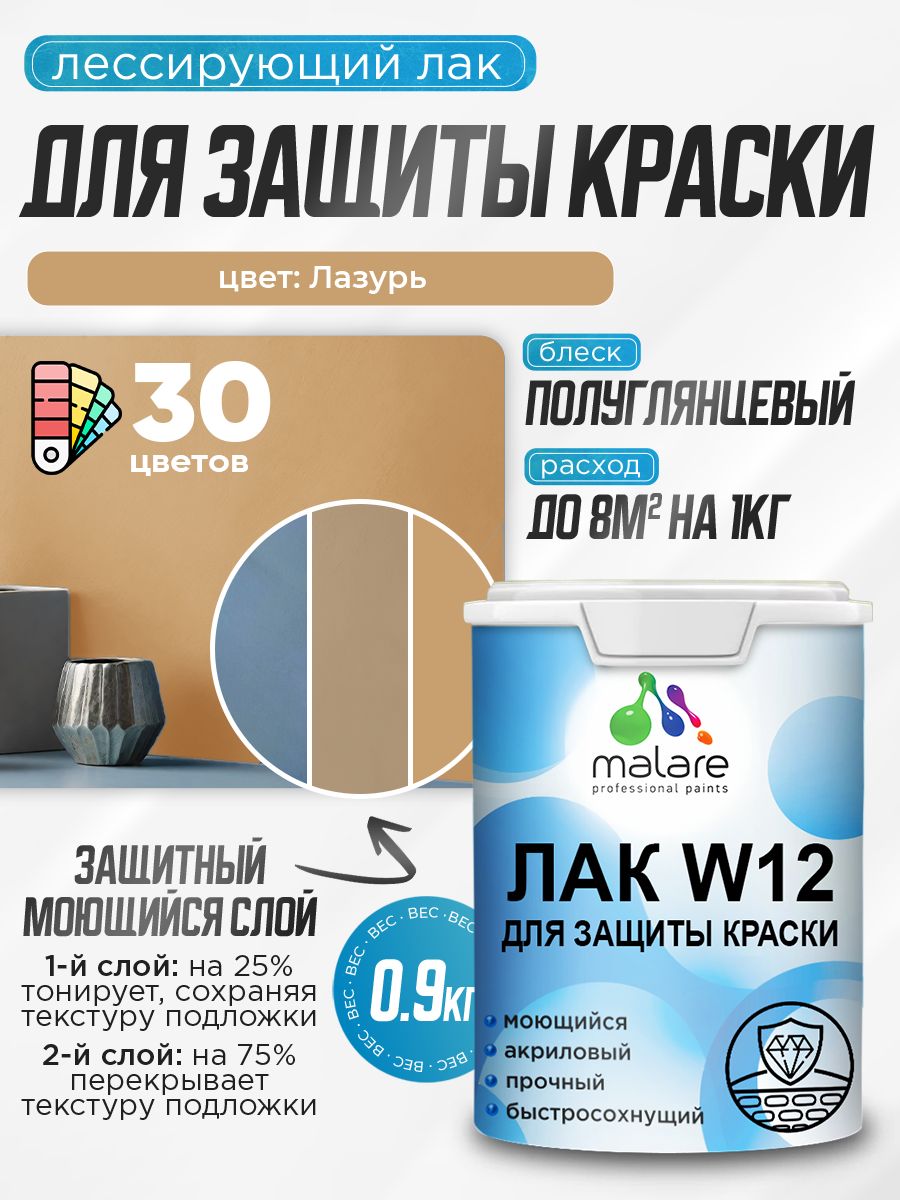 Лак колерованный тонирующий для защиты акриловых красок Malare W12 моющийся универсальный быстросохнущий экологичный, полуглянцевый, лазурь, 0.9 кг.