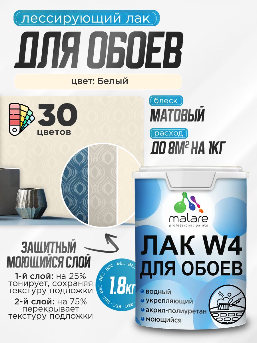 Лак колерованный тонирующий для защиты обоев Malare W4 универсальный для дерева и минеральных поверхностей, водный без запаха быстросохнущий, матовый, белый, 1.8 кг.