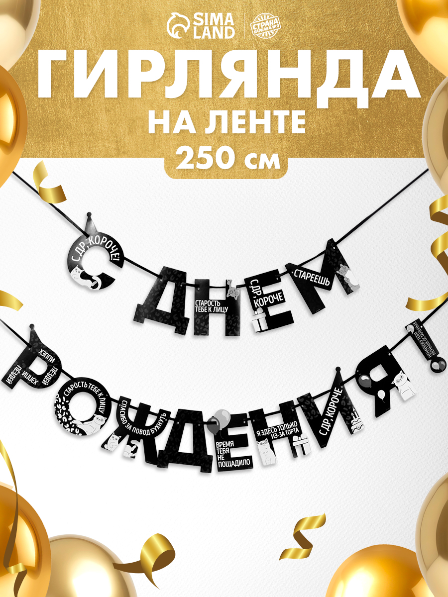 Гирлянда на ленте С Днем Рождения! / Черная / 250 см