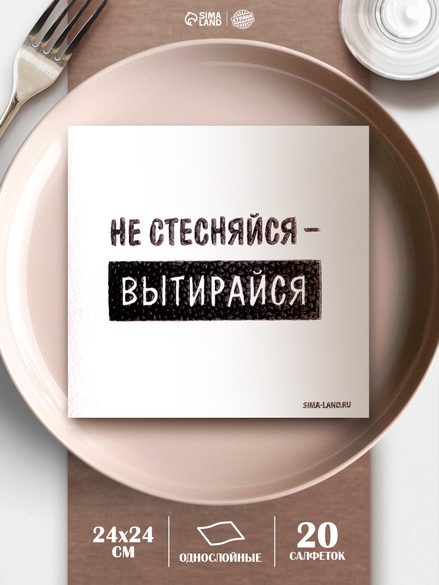 Салфетки бумажные однослойные Не стесняйся-вытирайся / 24х24 см / Набор 20 шт.