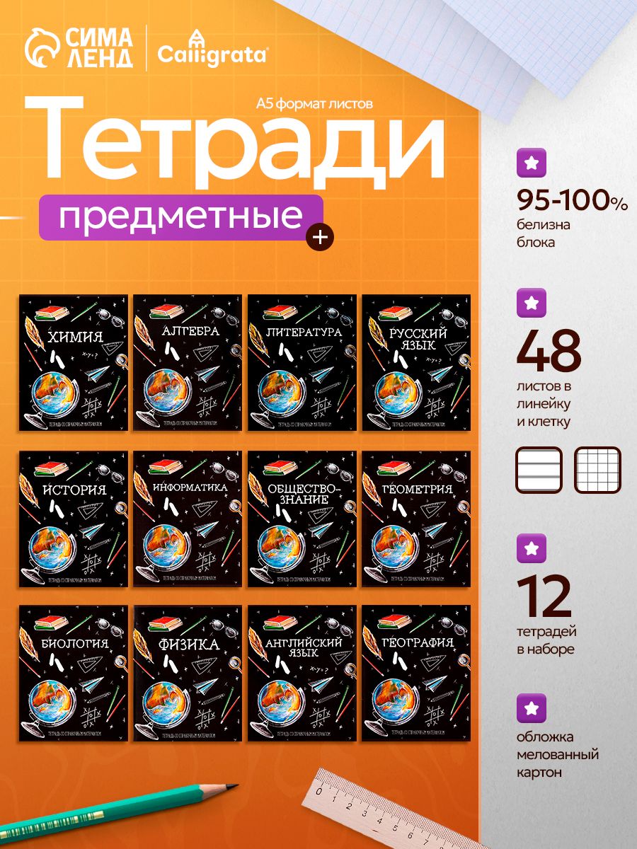 Тетради предметные 48 листов набор / 12 штук со справочным материалом