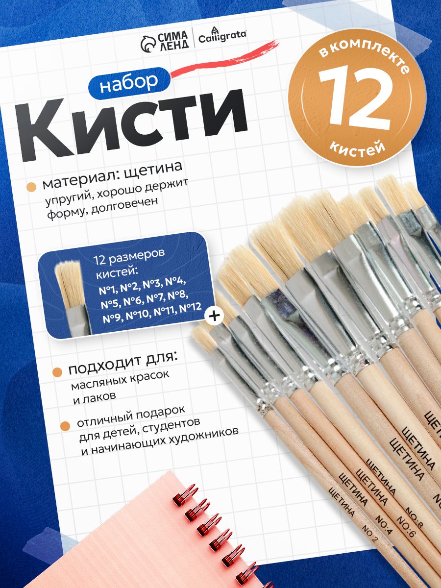 Кисточки для рисования щетина, плоские, набор 12 штук (№1-12)
