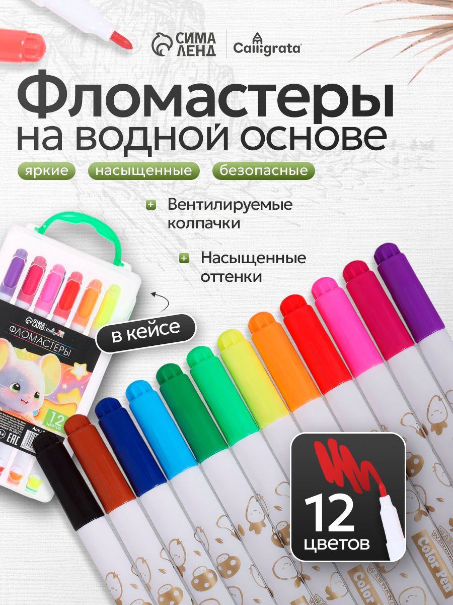 Фломастеры для рисования 12 цветов в кейсе