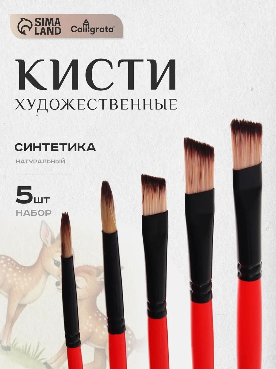 Кисточки для рисования синтетика (нейлон), набор 5 штук (№2, 4, 6, 8, 10)