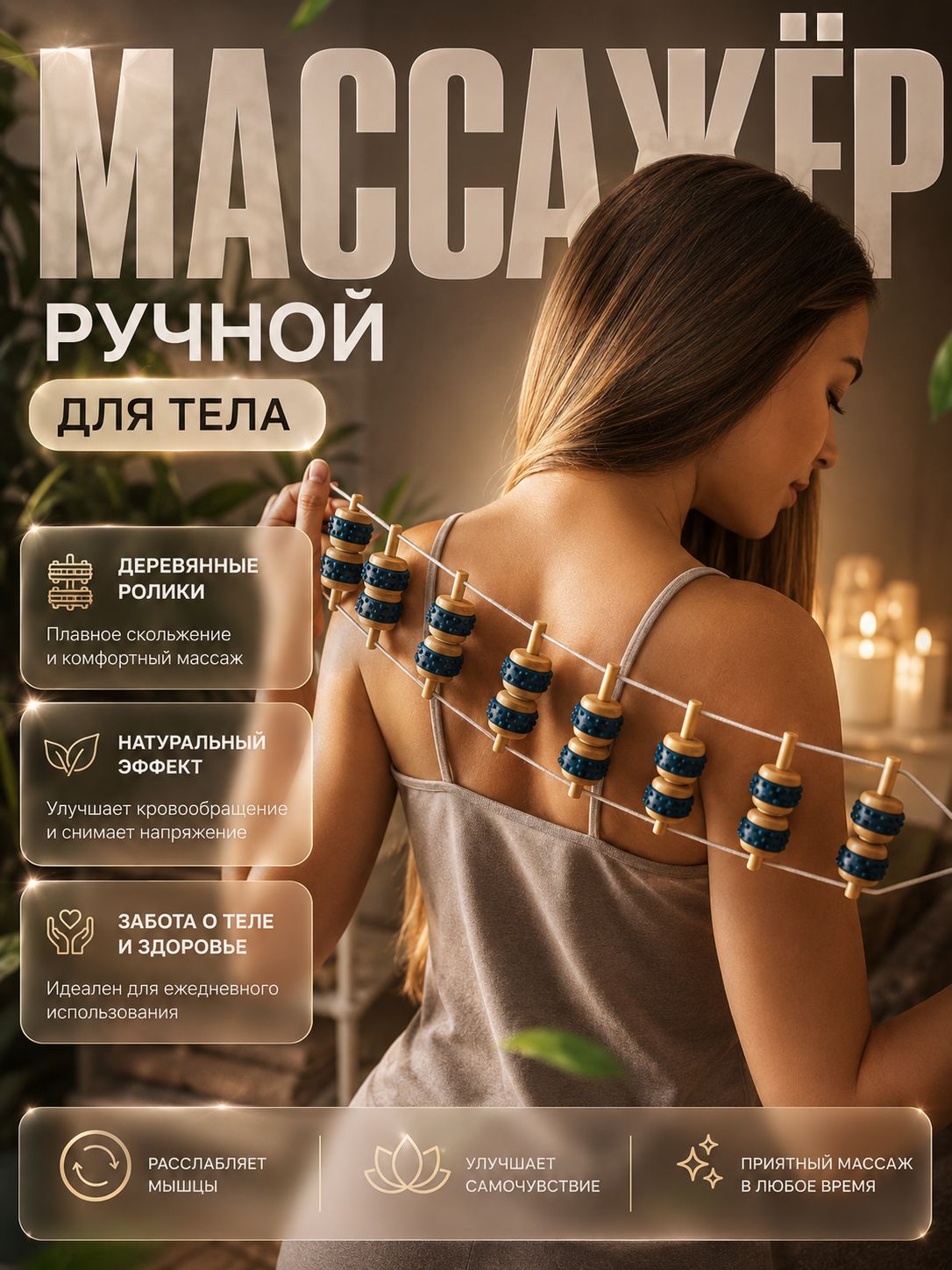 ONLITOP Массажер ручной, Чесалка для тела / Массажер для спины и шеи/ ленточный, натуральный, 86 x 7.5 x 3 см