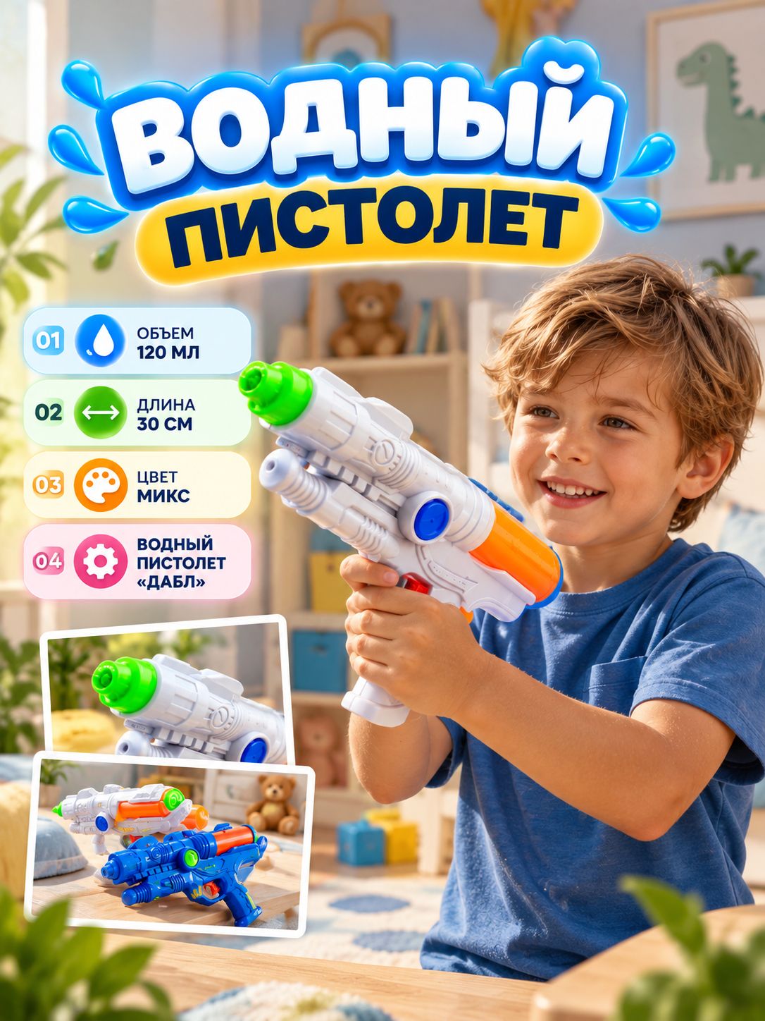 Водный пистолет "Дабл" / водяной пистолет 30 см.