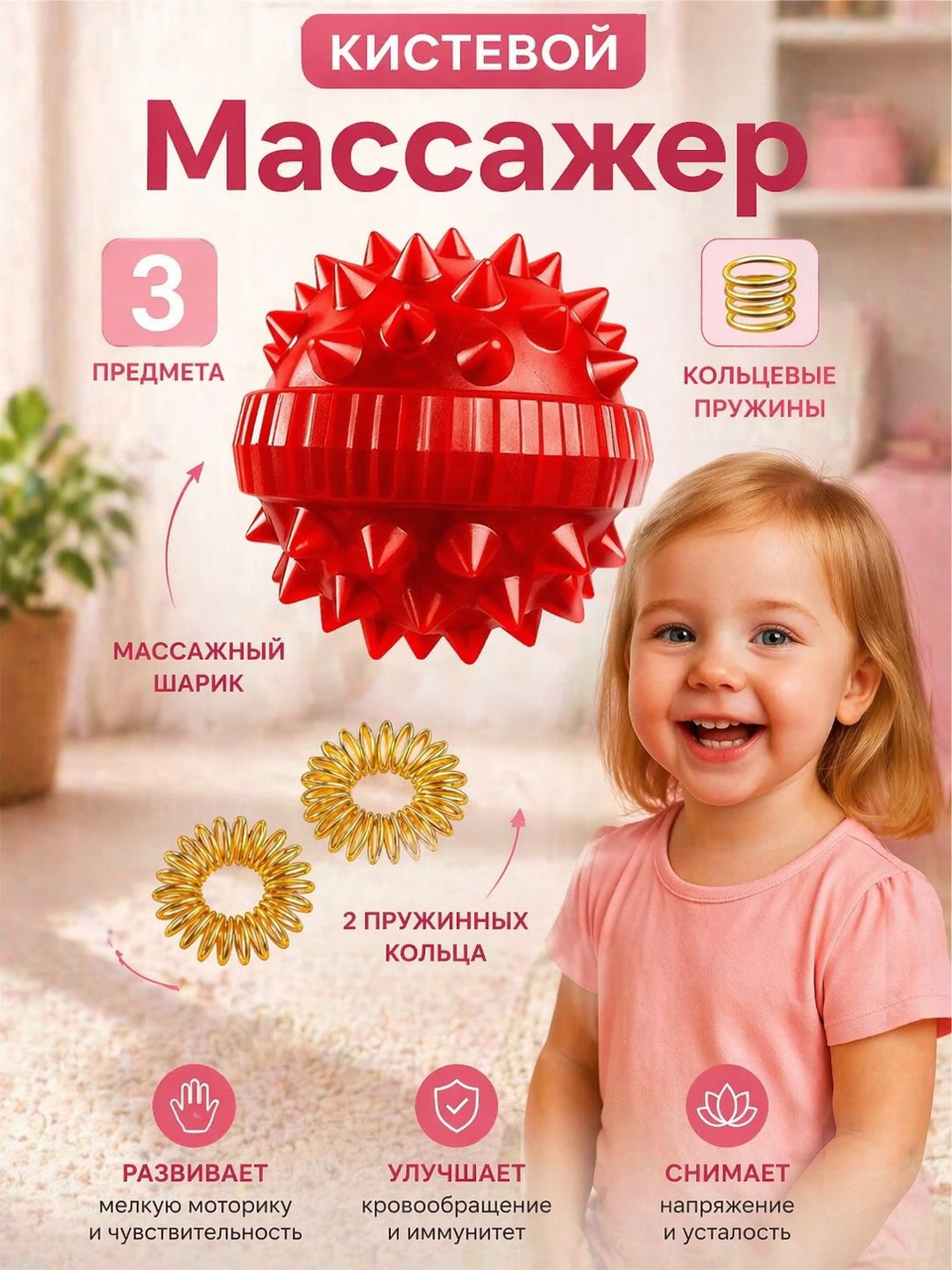 Массажный шарик и 2 кольца , красный, универсальный массажёр