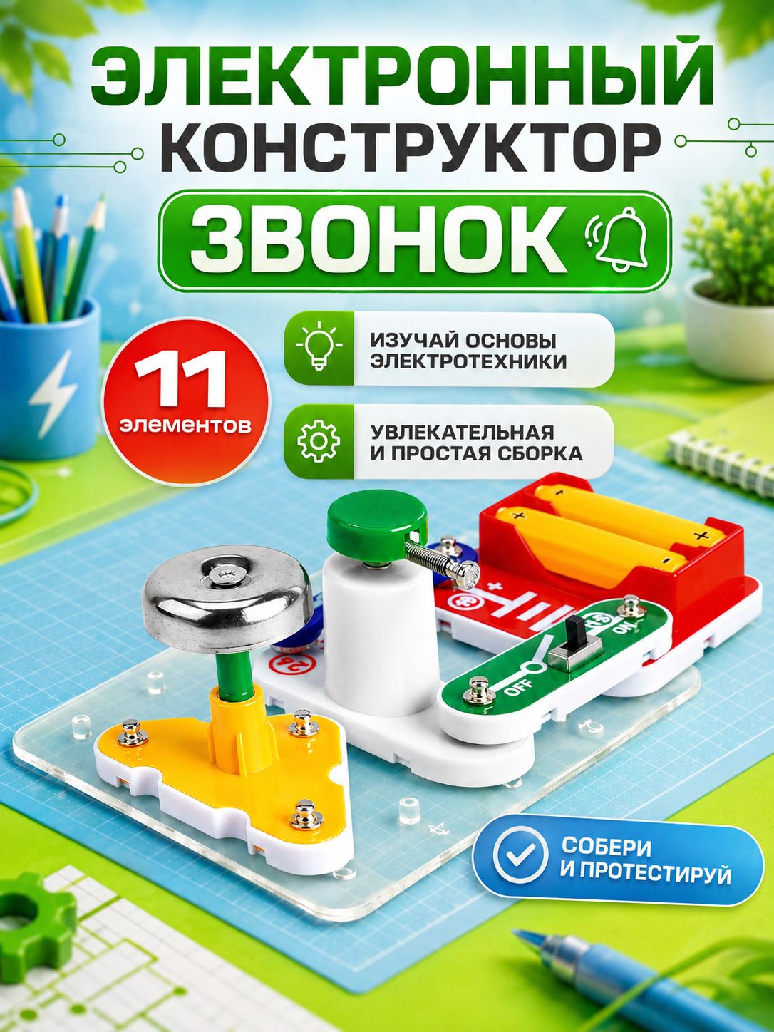 Электронный конструктор "Звонок" 11 элементов, конструктор для мальчиков
