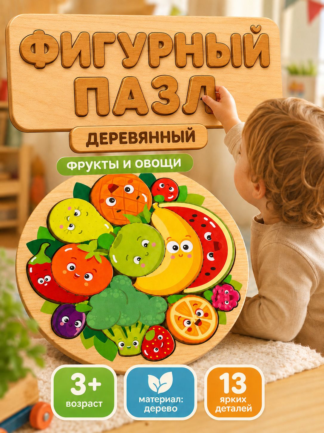 Пазл деревянный фигурный "Фрукты и овощи" / деревянные пазлы