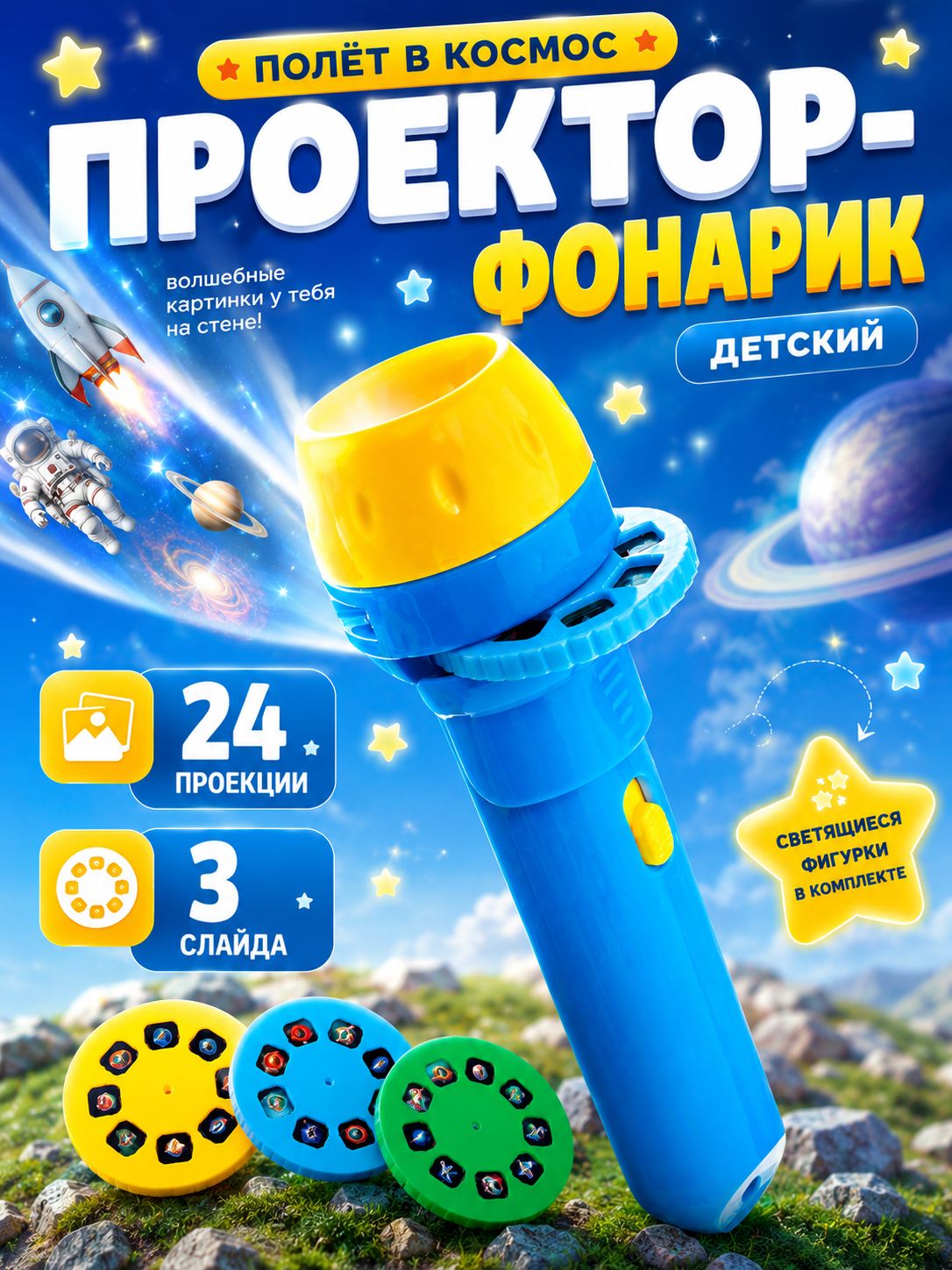 Фонарик проектор детский "Полет в космос", в комплекте 3 слайда / Развивающие игрушки от 1 года