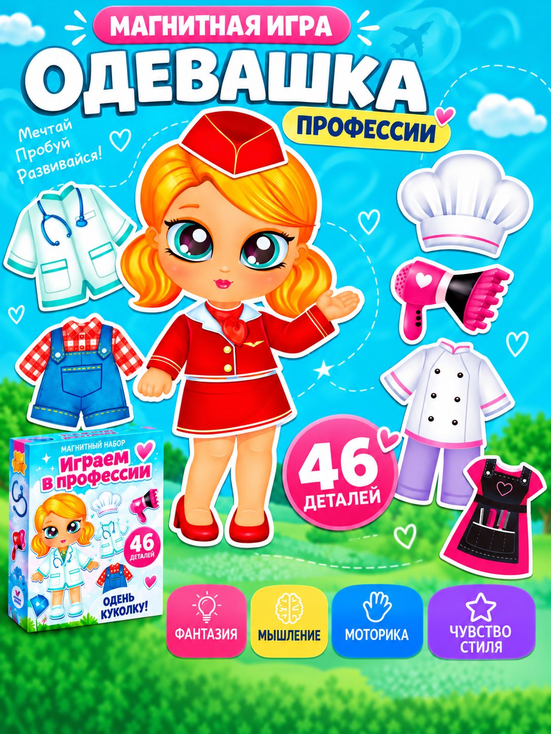 Магнитная кукла с одеждой "Играем в профессии" / Магнитная одевашка для девочек