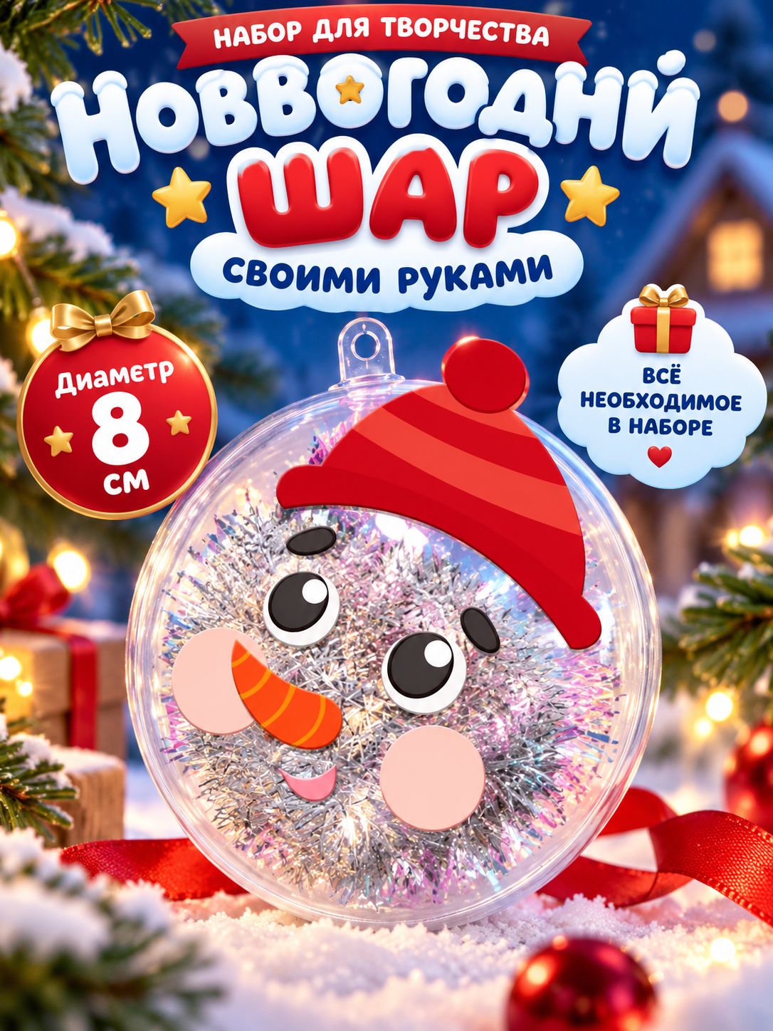 Елочный шар своими руками, 8 см, "Снеговик в шапке", набор для творчества детский, новогодний подарок для детей 2027