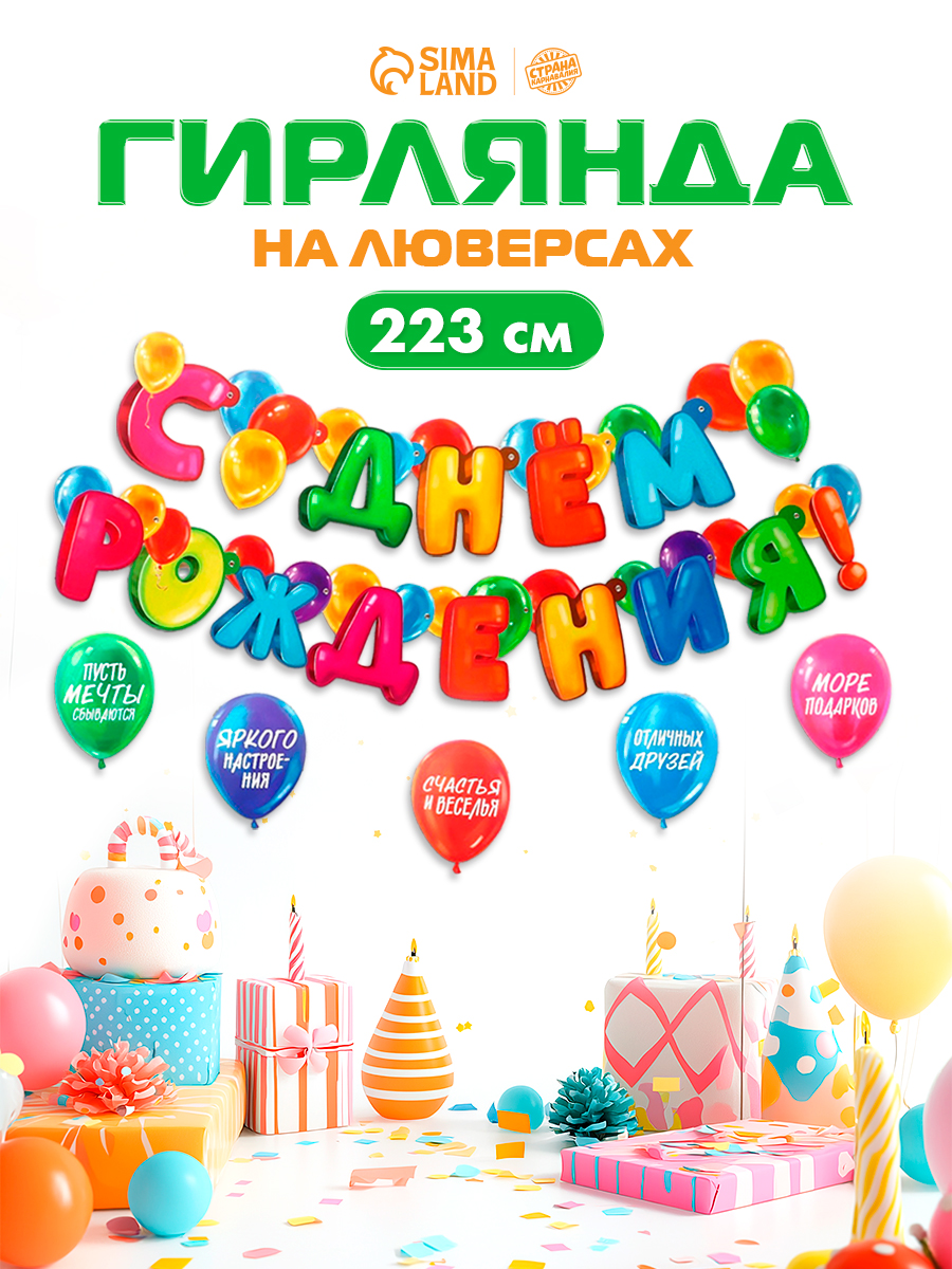Гирлянда-растяжка Страна Карнавалия "С Днем рождения!" / На люверсах с украшениями / 223 см.