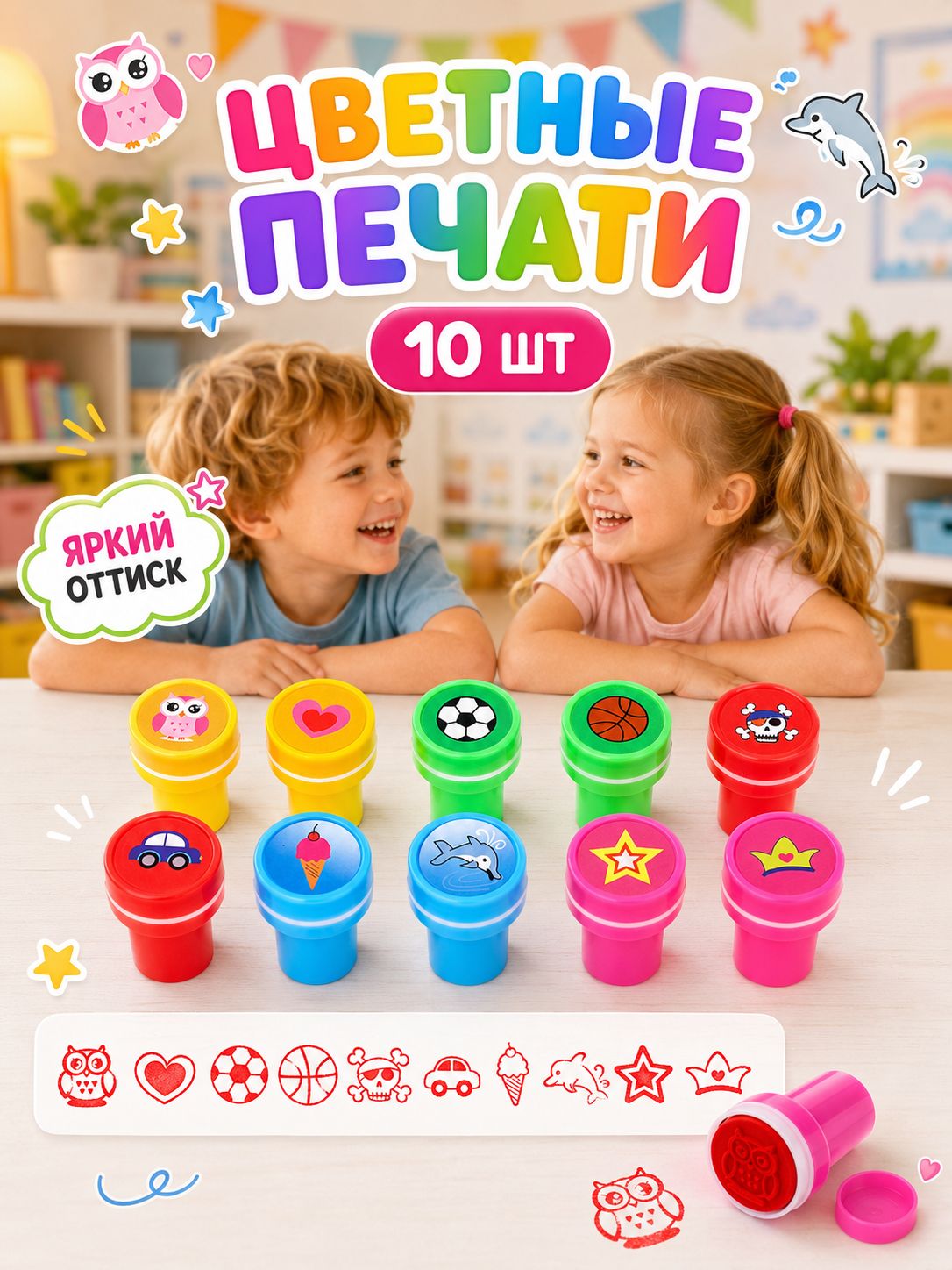 Печать детская / цветные штампики для детей 10 штук / "Прелесть"