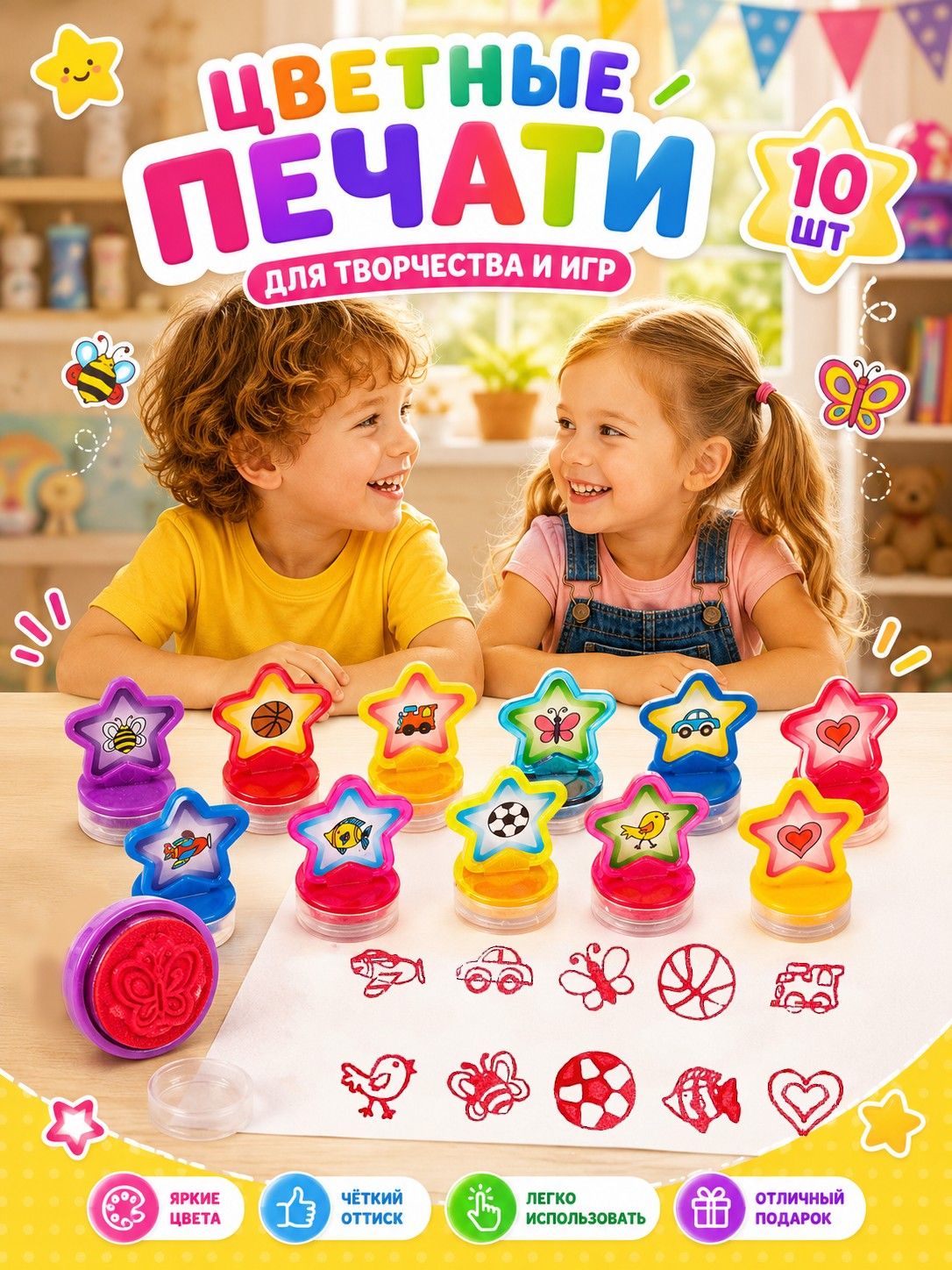 Печать детская / цветные штампики для детей 10 штук / "Звёздочки"