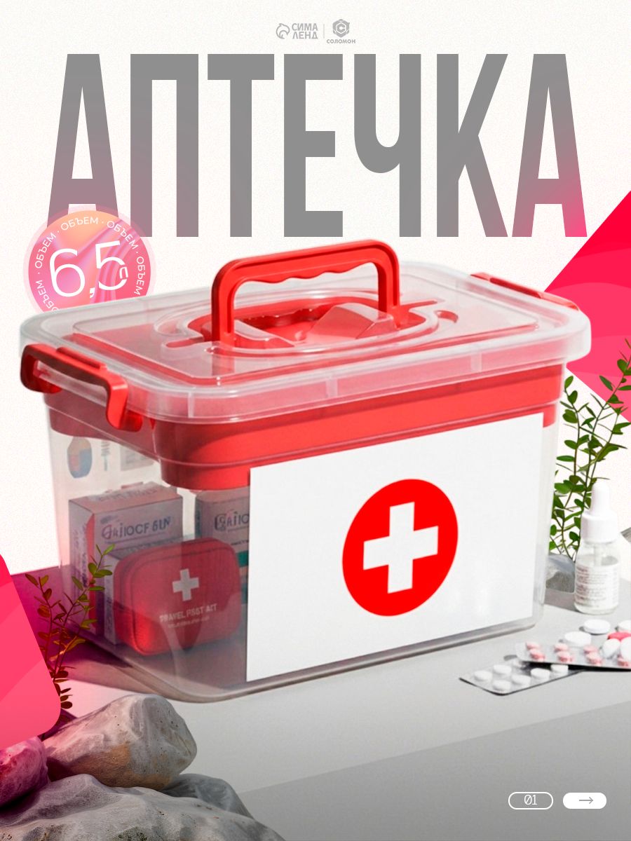 Аптечка домашняя контейнер / Аптечка домашняя органайзер 6,5л / Органайзер для лекарств