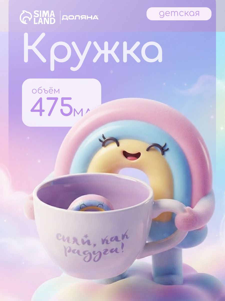Кружка с принтом, с фигуркой внутри, объем 475 мл, Доляна "Радуга", керамическая