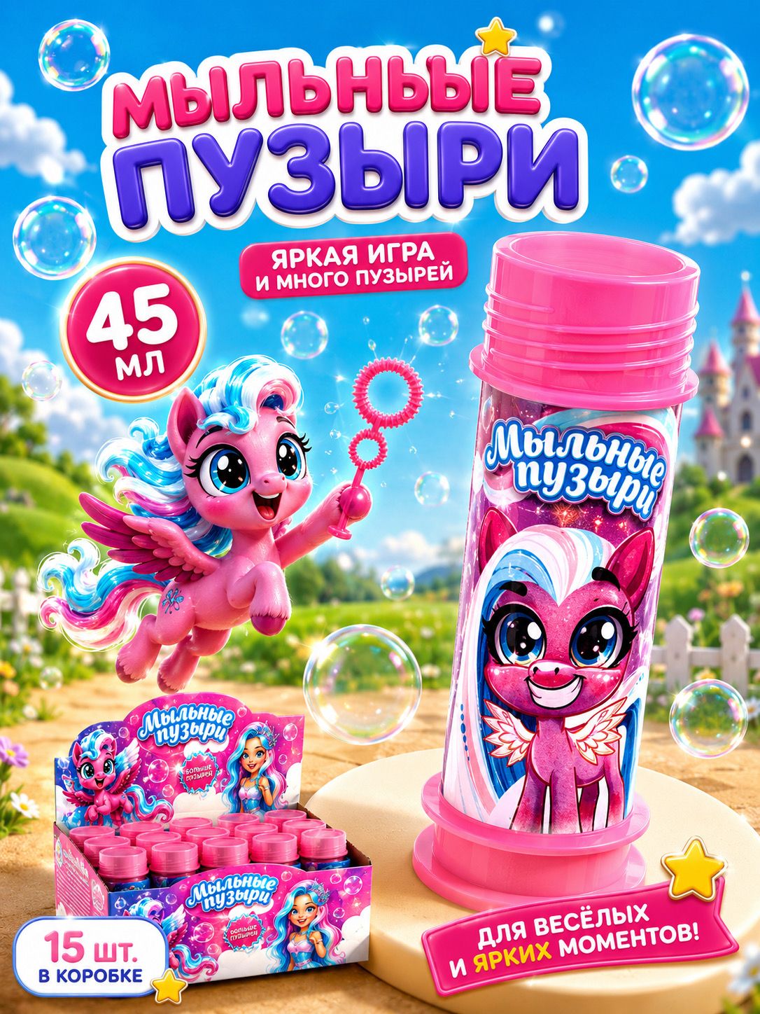 Мыльные пузыри набор "Милые единорожки" 15 штук / Подарок девочке 5 лет