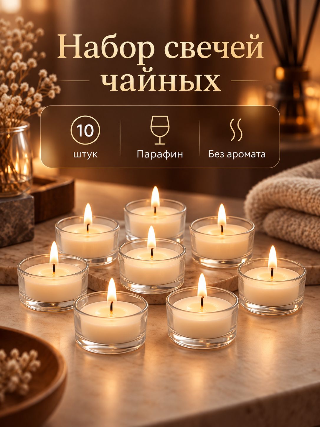 Свечи чайные / 10 шт чайные свечи без запаха