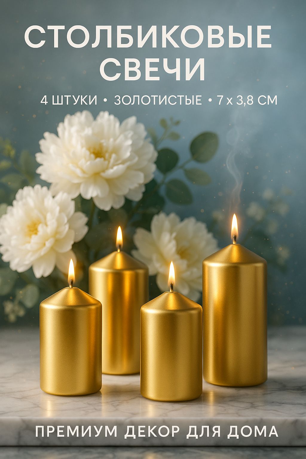 Свечи, 4 шт / 7 см, золотые, без запаха / Свечи столбики