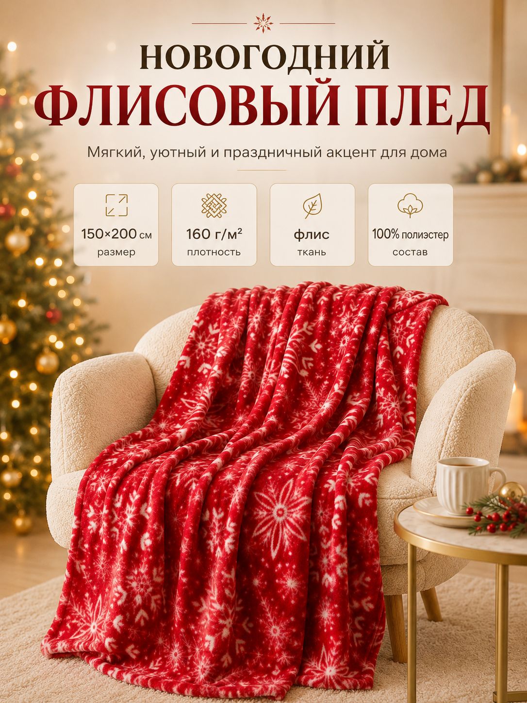 Плед 150х200 см, Снежинки, Флисовый