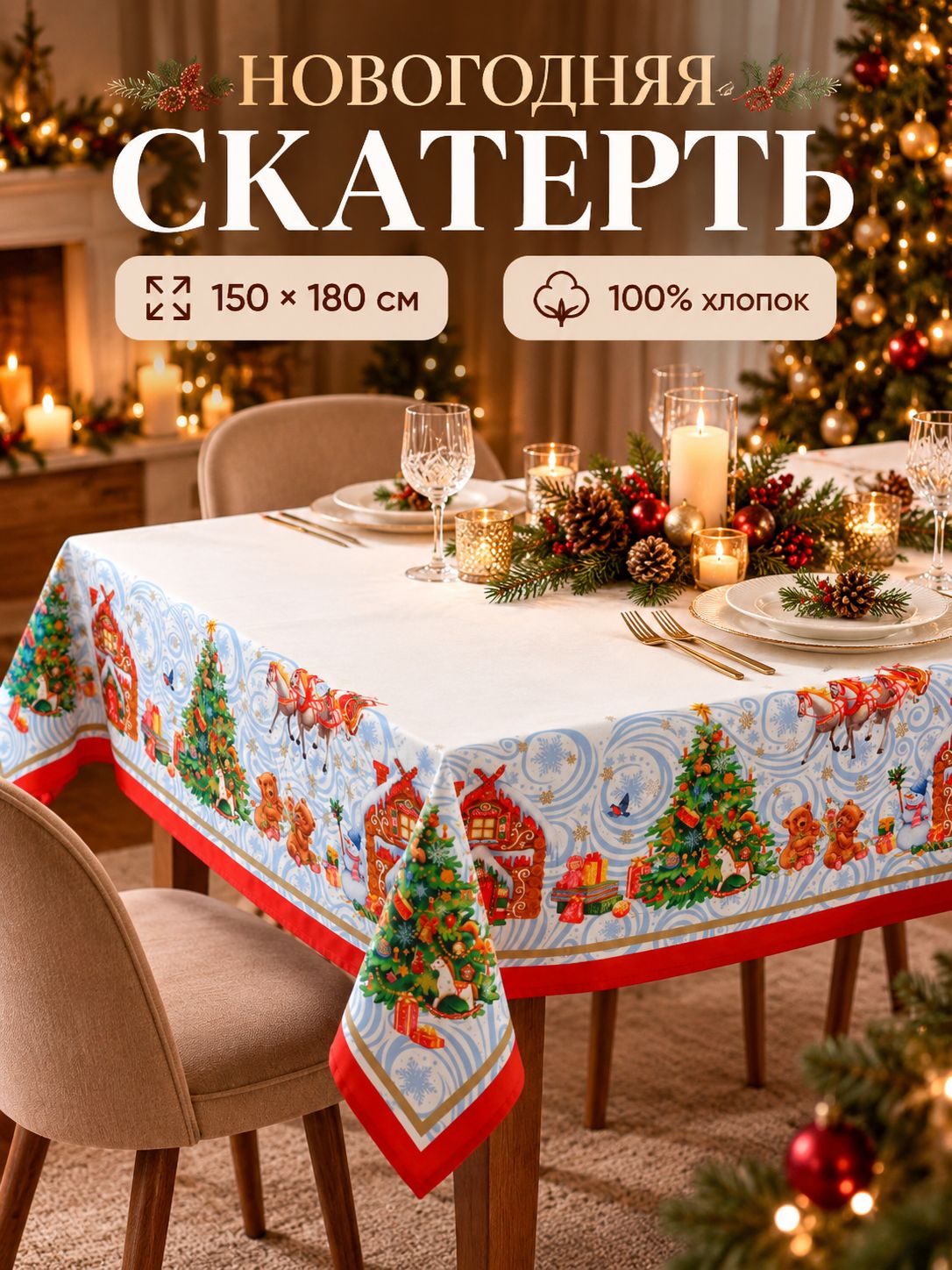 Скатерть новогодняя на стол 150х180 см, Новогодняя сказка, Тканевая, ВГМО, Саржа 190 г/м