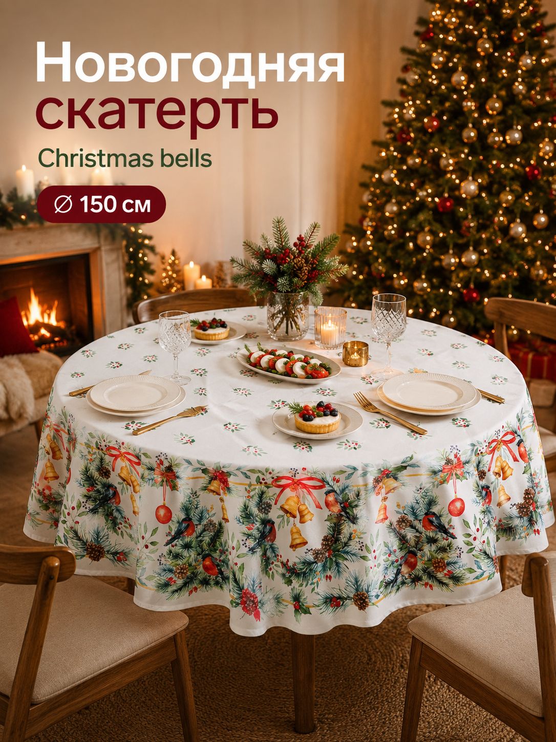 Скатерть новогодняя на стол круглая, 150х150 см, Christmas bells, Саржа 190 г/м