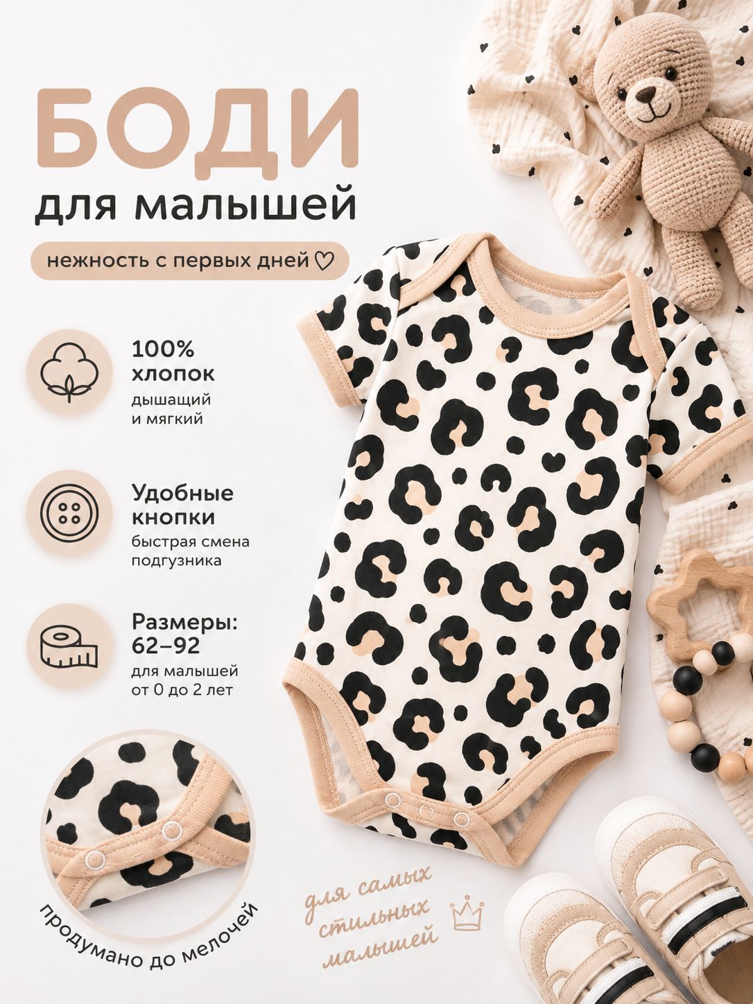 Боди для новорожденных девочек, Крошка Я Леопард, 80-86