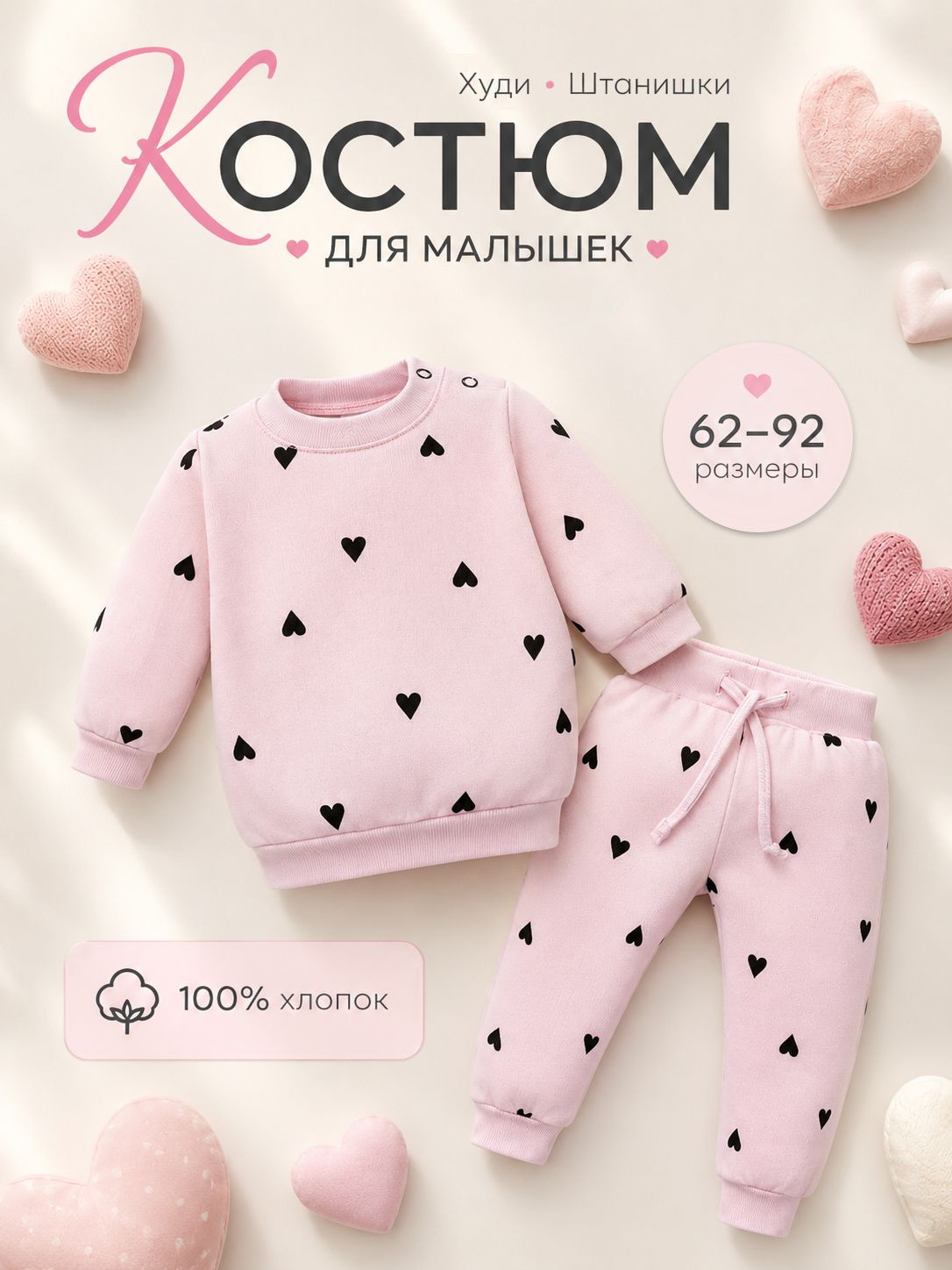 Костюм для девочки 62 68 розовый с сердечками, свитшот и брюки из футера с начесом, хлопок 100%