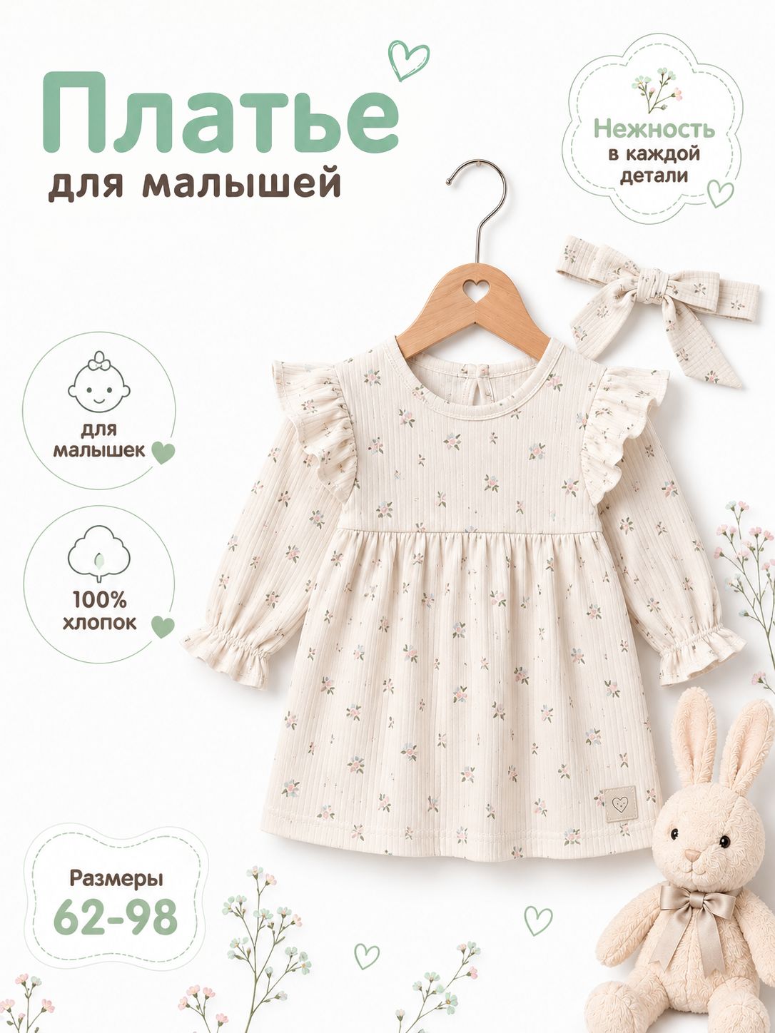 Платье для девочки Крошка Я Wildflowers 92-98 см, хлопковое, с длинным рукавом, в рубчик