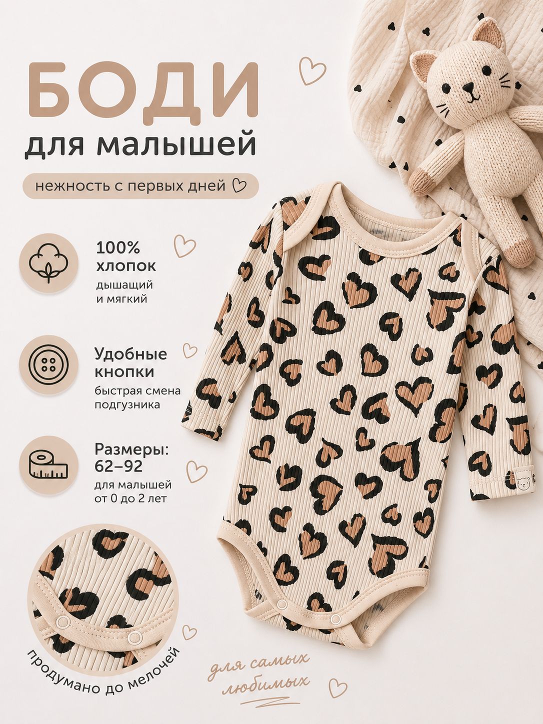 Боди для новорожденных Крошка Я, рост 86-92 см, Леопардовый