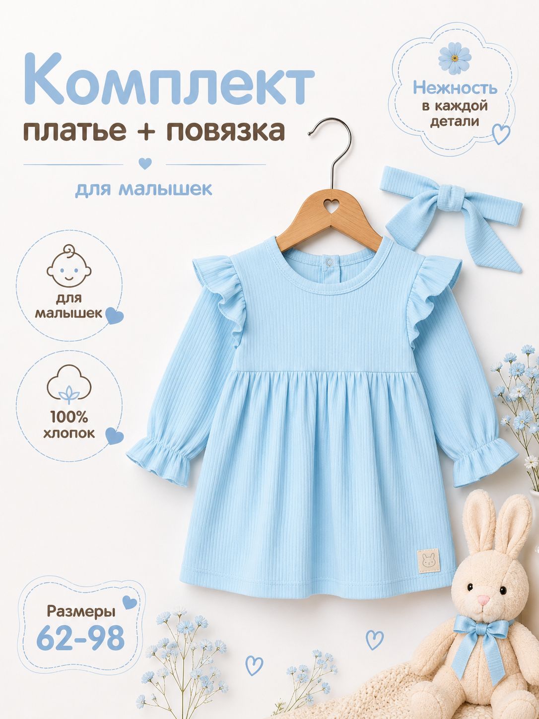 Платье для девочки с повязкой Крошка Я 86-92, детское платье для малышей хлопок, с длинным рукавом