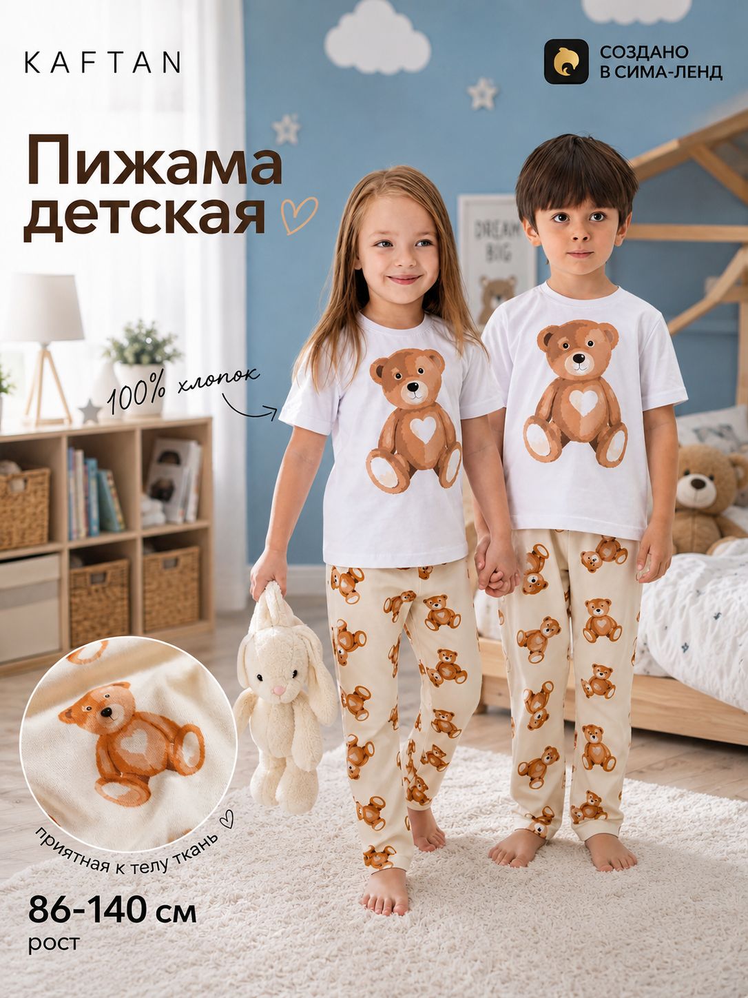 Пижама детская для мальчика и девочки хлопок комплект футболка и штаны с мишками 134-140