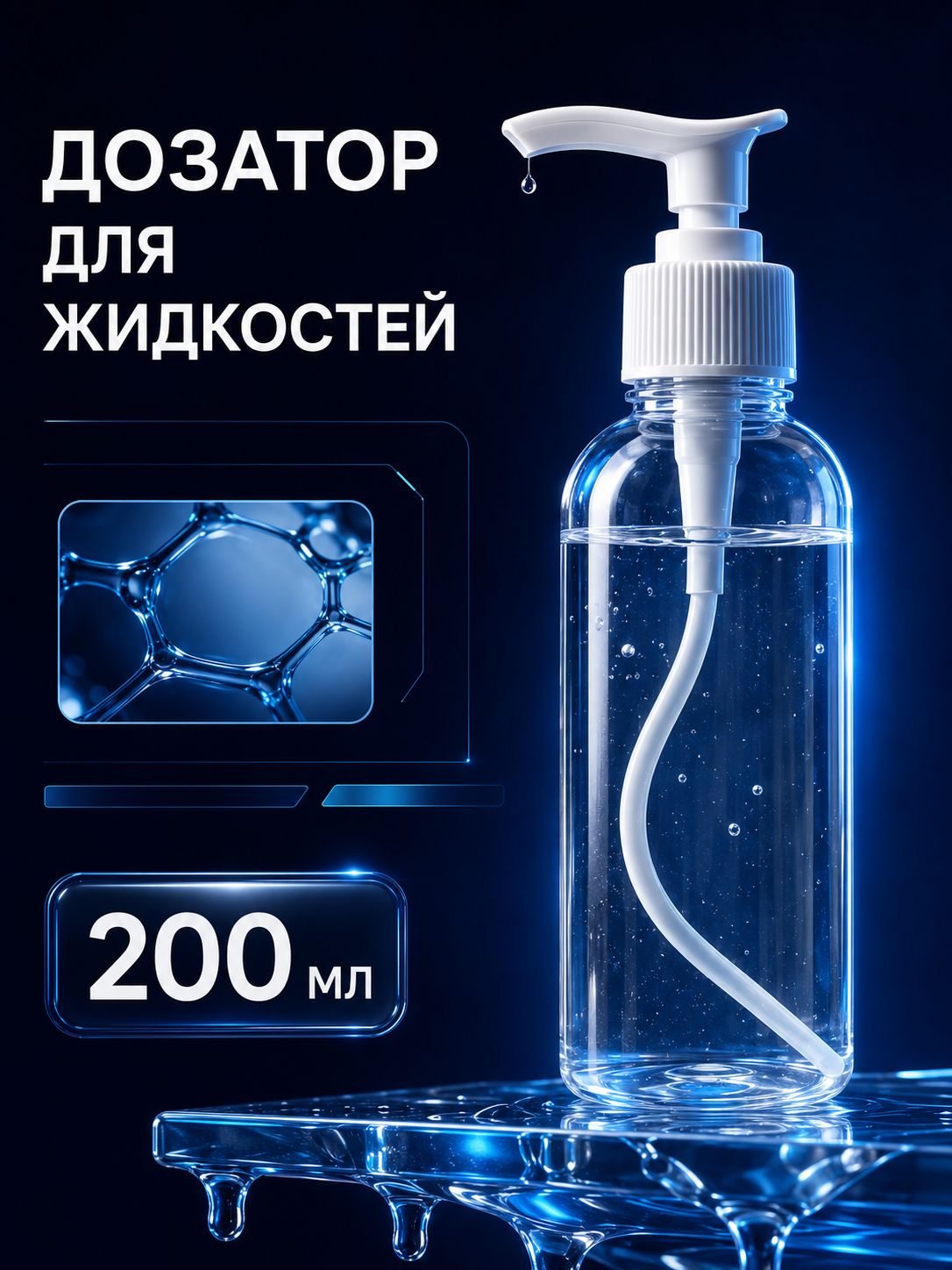 Флакон косметический 200 мл с дозатором прозрачный белая крышка