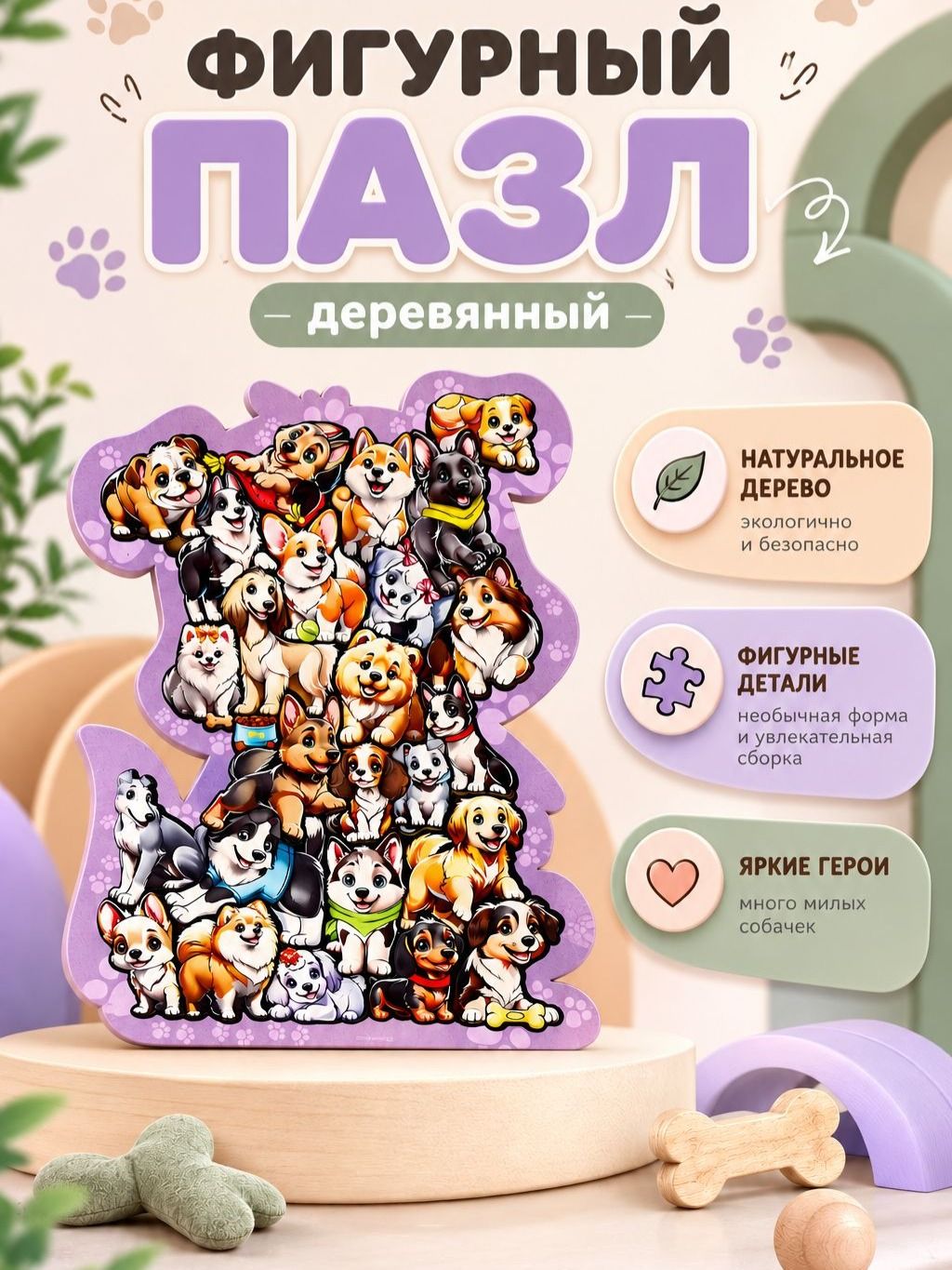 Пазл деревянный фигурный "Собачки" / деревянные пазлы