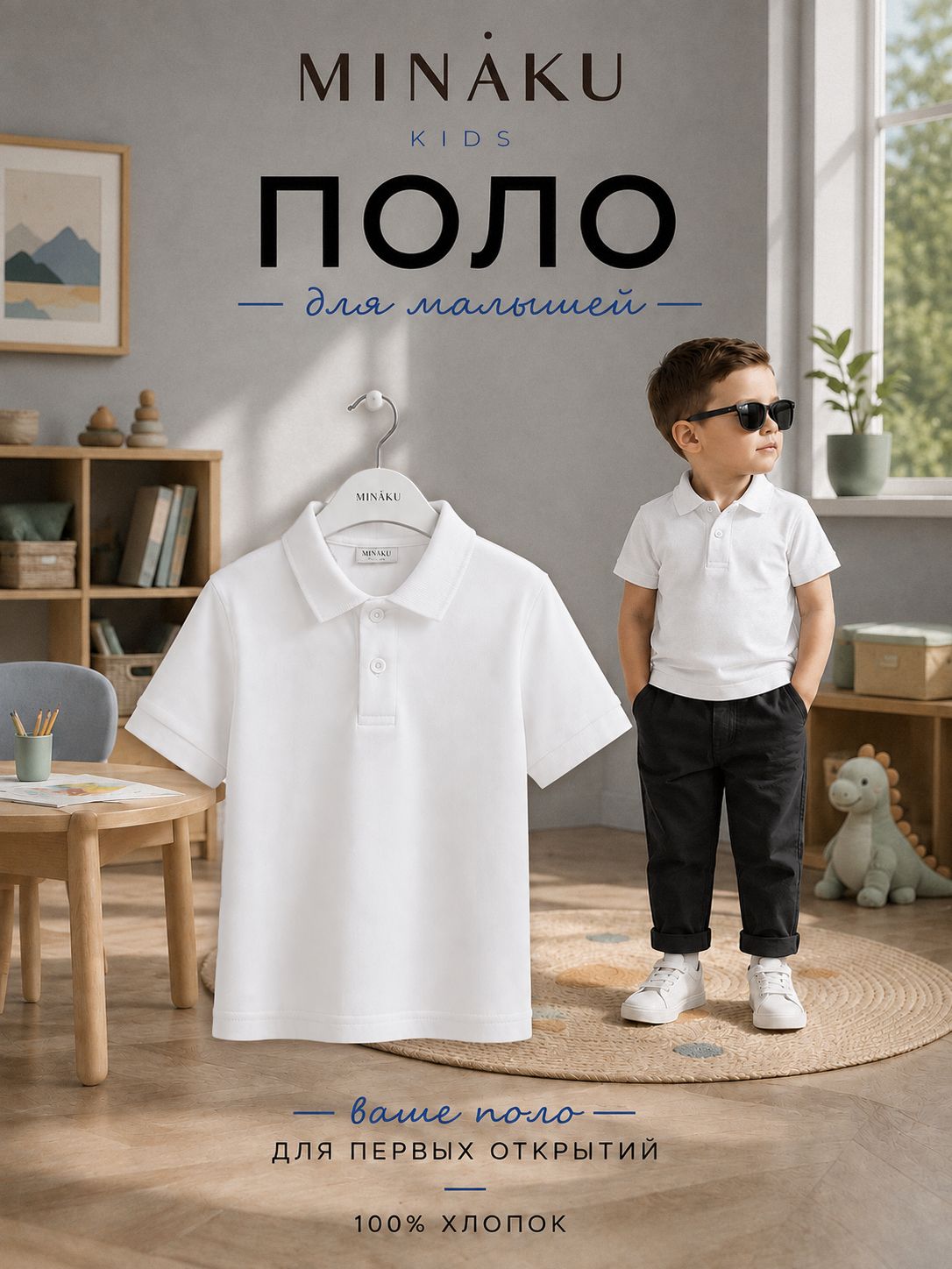 Поло для мальчиков, для девочек, MINAKU белый, 98