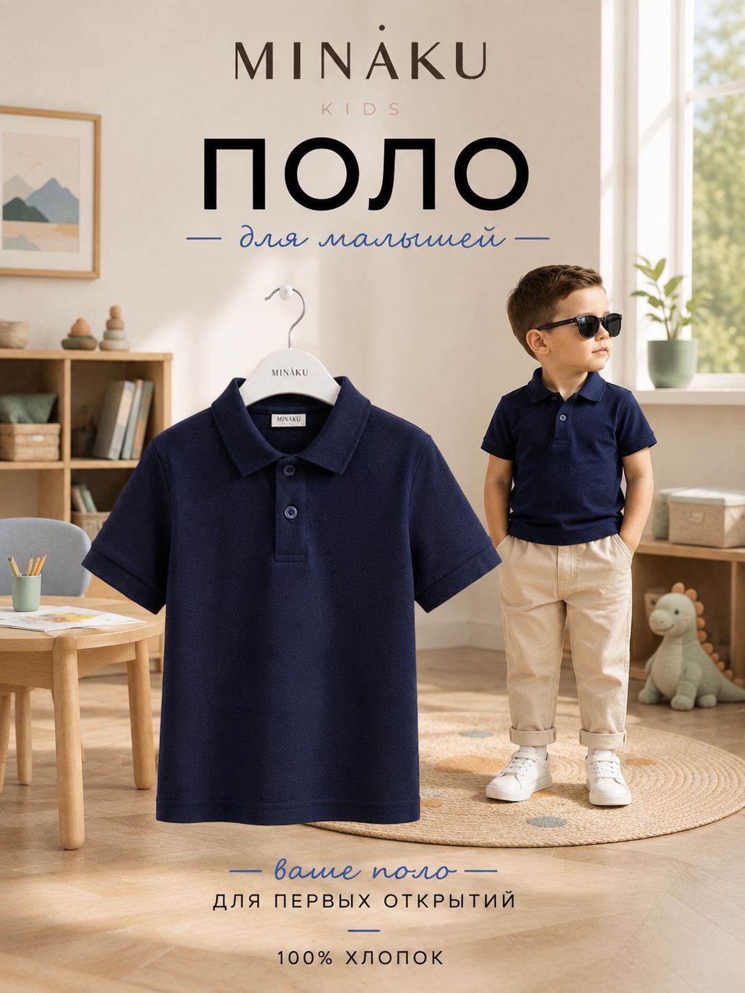 Поло для мальчиков, для девочек, MINAKU синий, 98