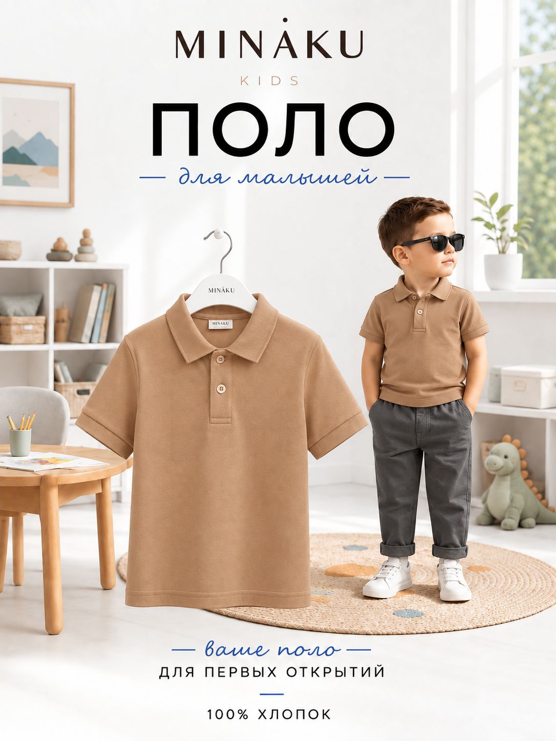Поло для мальчиков, для девочек, MINAKU бежевый, 110