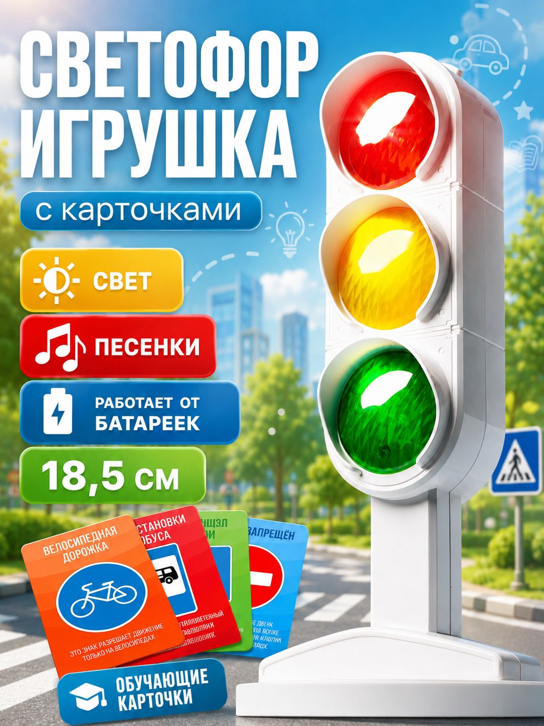 Светофор игрушечный " Большая дорога " / светофор игрушечный на батарейках / дорожные знаки для детей