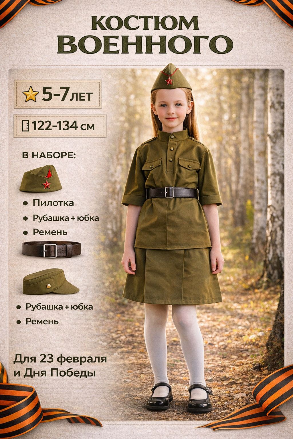 Костюм военного Страна Карнавалия "Солдаточка", гимнастерка, ремень, пилотка, юбка, 5-7 лет, рост 122-134 см, для девочки