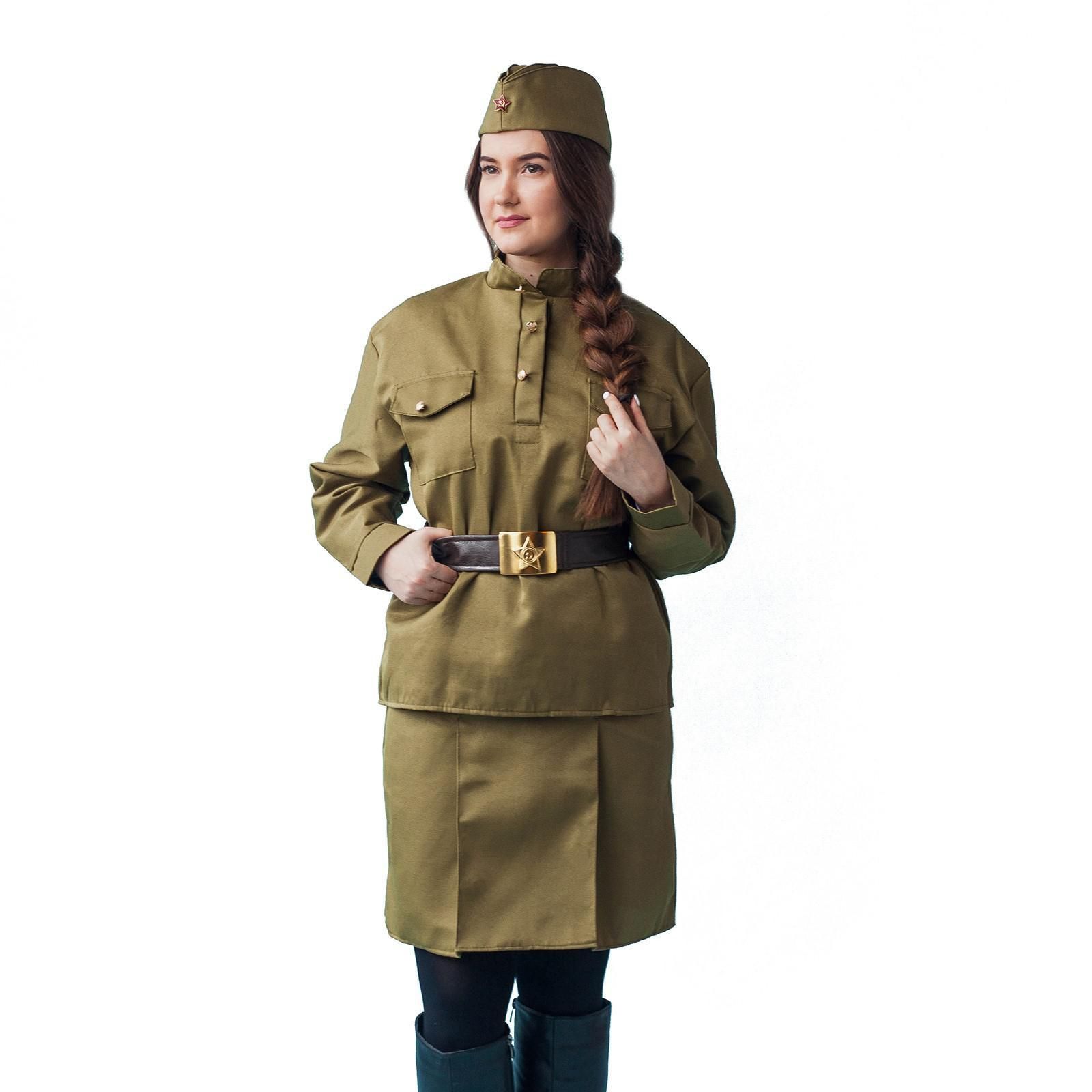 Костюм военного Страна Карнавалия "Солдаточка люкс", женский, пилотка, гимнастерка, юбка, ремень, размер 44-46, рост 164 см